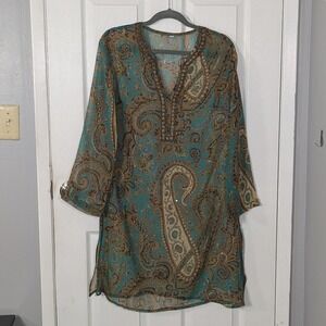 Beaded World Market Paisley Tunic Dress Split Neckline Bohemian Cover Up‎ Size S